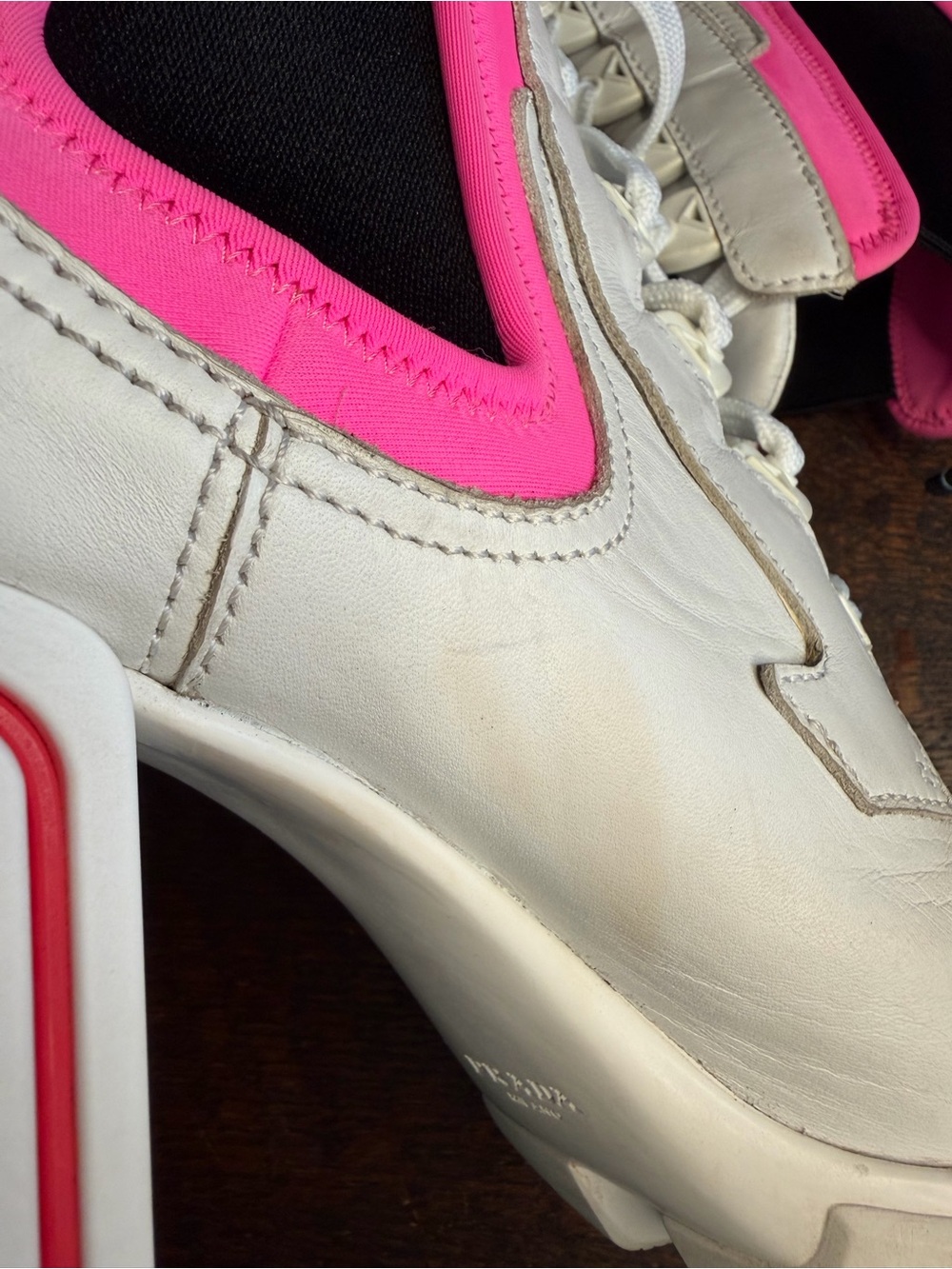Prada White Leather & Neon Pink Neoprene Chunky Heel Lace Up Boots IT 6.5 - Picture 14 of 16